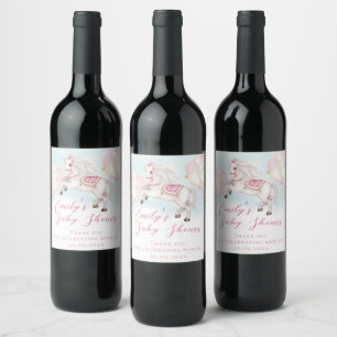 Fairytale baby Pony pink balloons stars Shower Win Wine Label