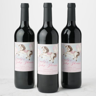 Fairytale baby Pony pink balloons stars Shower Wine Label