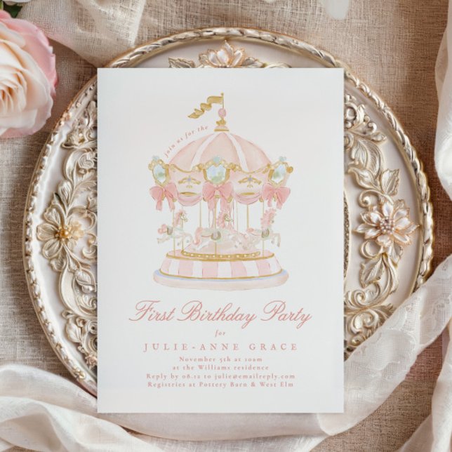 Fairytale Blush Pink Girl Carousel Birthday Party Invitation (Creator Uploaded)