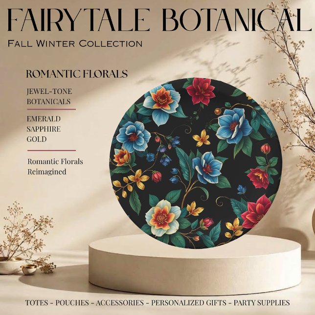 Fairytale Botanical Pattern  Paper Plate (Fairytale Botanical Pattern Monogram Script Florals with Vines Jewel Tones Emerald Sapphire Gold )