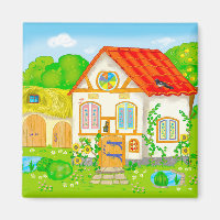 fairytale cartoon house with red roof and patio