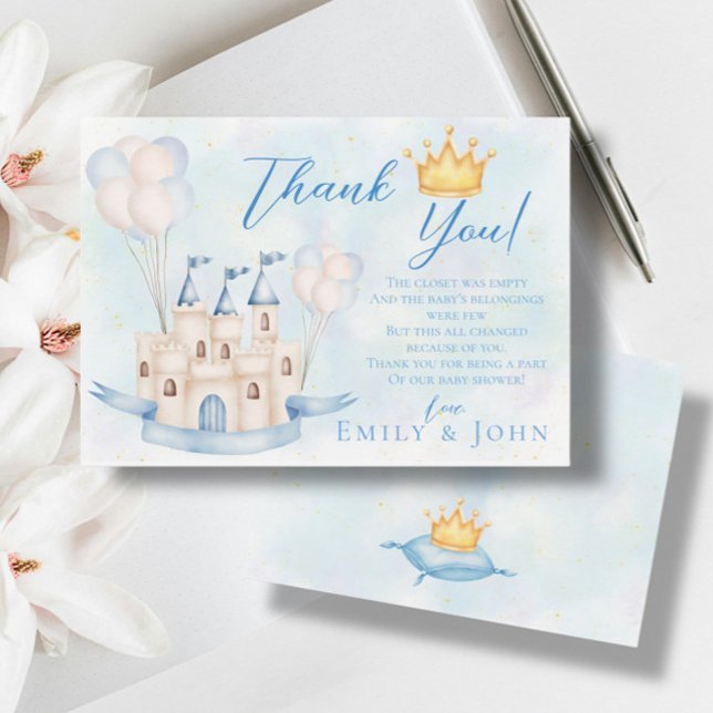 Fairytale castle crown blue balloons boy thank you card (Creator Uploaded)