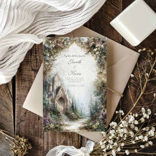 Fairytale Castle Floral Arch Misty Forest Wedding Invitation