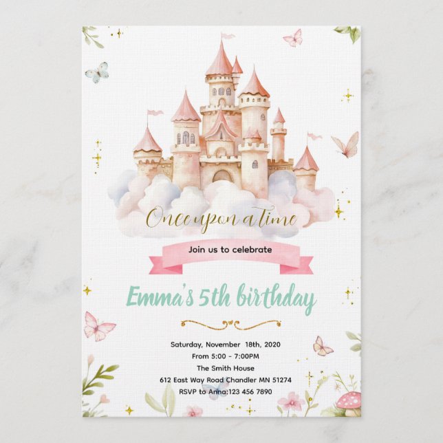 Fairytale Castle princess Birthday Invitation (Front)
