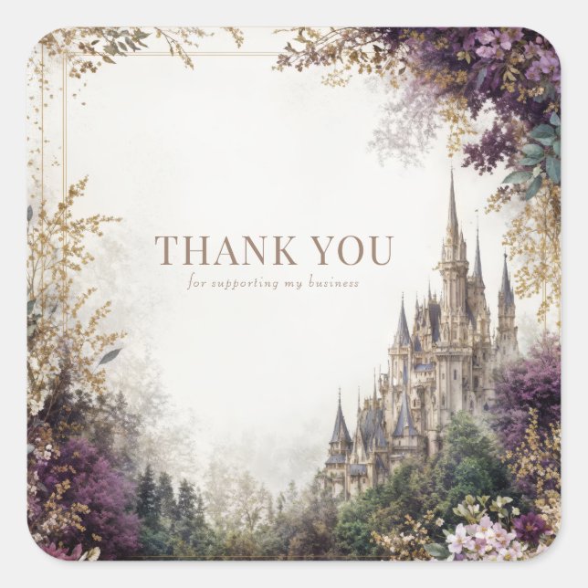 Fairytale Castle Purple Floral Elegant Gold Square Sticker (Front)