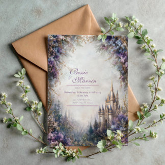 Fairytale Castle Purple Floral Misty Wedding Invitation