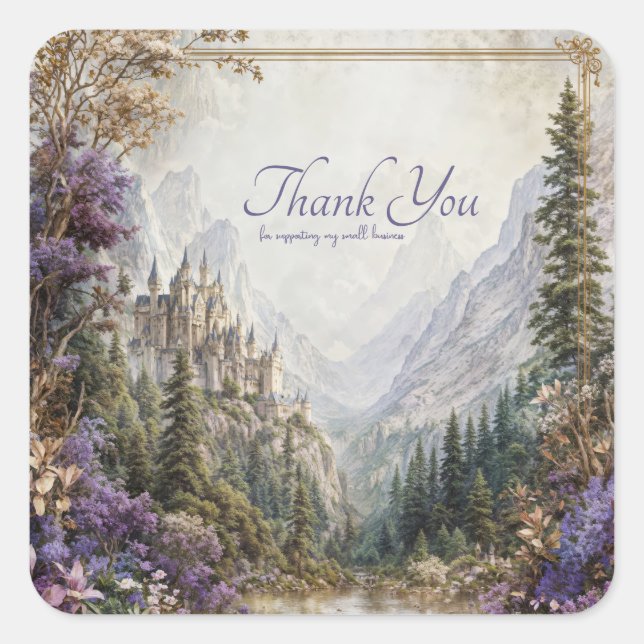 Fairytale Castle Purple Floral Mountain Valley Square Sticker (Front)