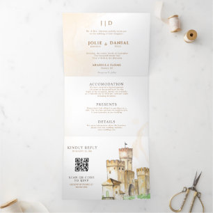 Fairytale castle QR code story book wedding  Tri-Fold Invitation