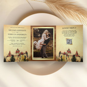 Fairytale Castle Storybook QR Code Wedding Tri-Fold Invitation