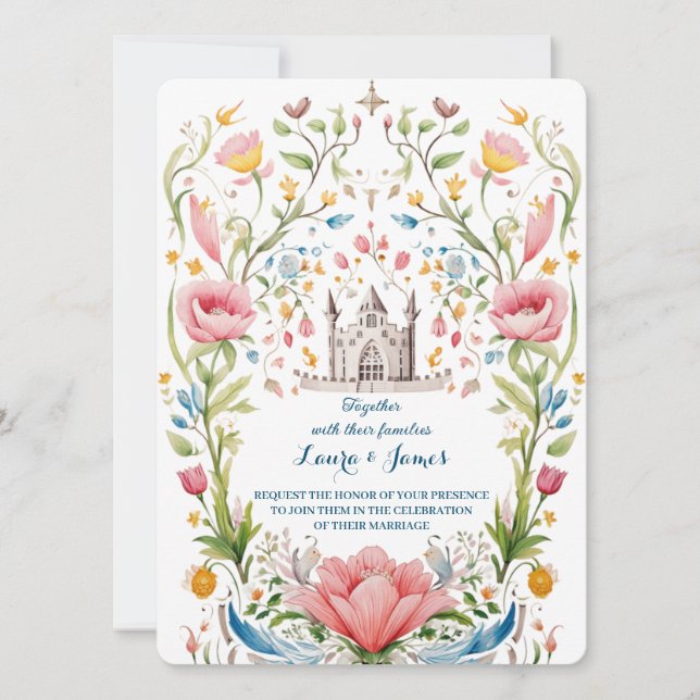 Fairytale Chapel Pastel Watercolor Floral Wedding Invitation (Front)
