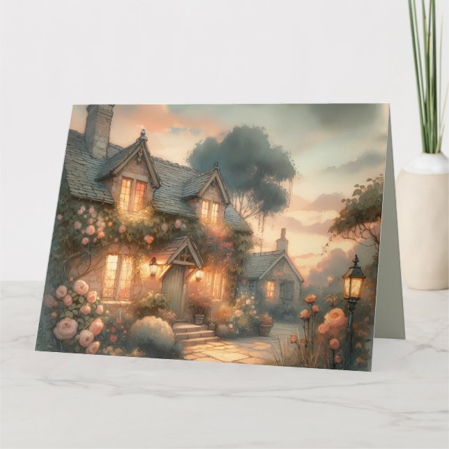 Fairytale Cottage at Sunset with Roses Card (Front)