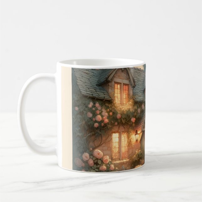 Fairytale Cottage at Sunset with Roses Coffee Mug (Left)