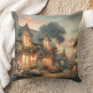 Fairytale Cottage at Sunset with Roses Cushion