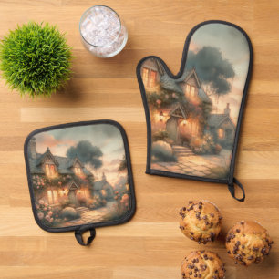 Fairytale Cottage at Sunset with Roses Oven Mitt & Pot Holder Set