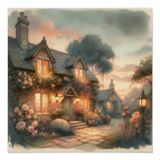 Fairytale Cottage at Sunset with Roses Poster (Front)