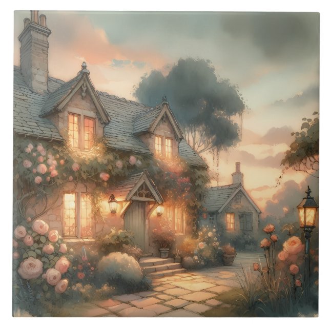 Fairytale Cottage at Sunset with Roses Tile (Front)
