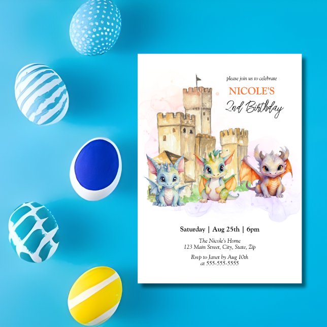 Fairytale Cute Baby Dragons Castle Birthday Invitation (Creator Uploaded)