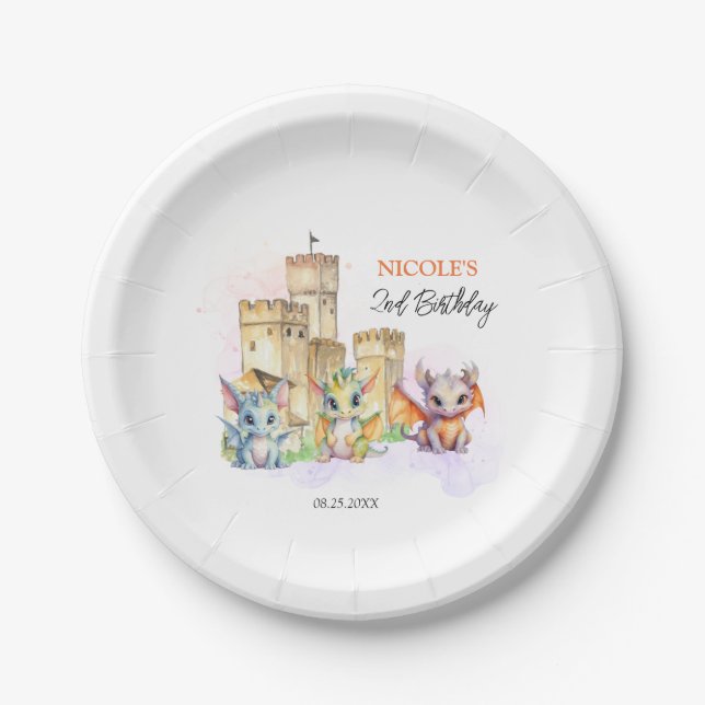 Fairytale Cute Baby Dragons Castle Birthday Paper Plate (Front)