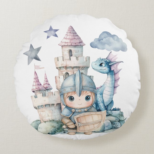 Fairytale Dreamy Dragon Blue Knight Baby Shower  Round Cushion (Front)