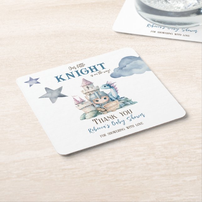 Fairytale Dreamy Dragon Blue Knight Baby Shower  Square Paper Coaster (Angled)