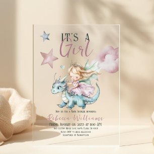 Fairytale Dreamy Dragon Pink Princess Baby Shower  Acrylic Invitations
