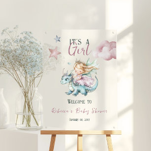 Fairytale Dreamy Dragon Pink Princess Baby Shower  Acrylic Sign