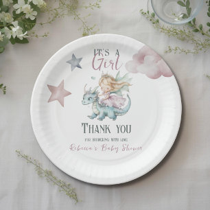Fairytale Dreamy Dragon Pink Princess Baby Shower  Paper Plate