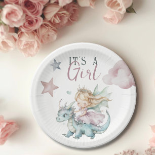 Fairytale Dreamy Dragon Pink Princess Baby Shower  Paper Plate