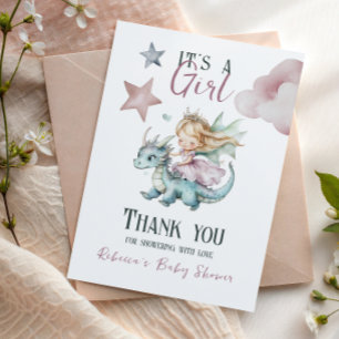 Fairytale Dreamy Dragon Pink Princess Baby Shower Thank You Card