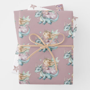 Fairytale Dreamy Dragon Pink Princess Baby Shower  Wrapping Paper Sheet