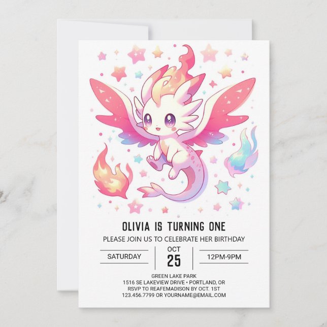 Fairytale Fiery Dragon 1st Birthday Invitation (Front)