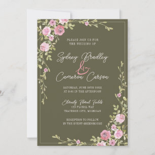Fairytale Floral Pink & Green Garden Vine Wedding Invitation