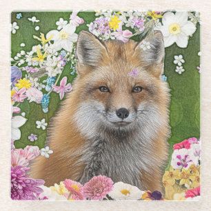 Fairytale Fox in Field of Flowers Glass Coaster