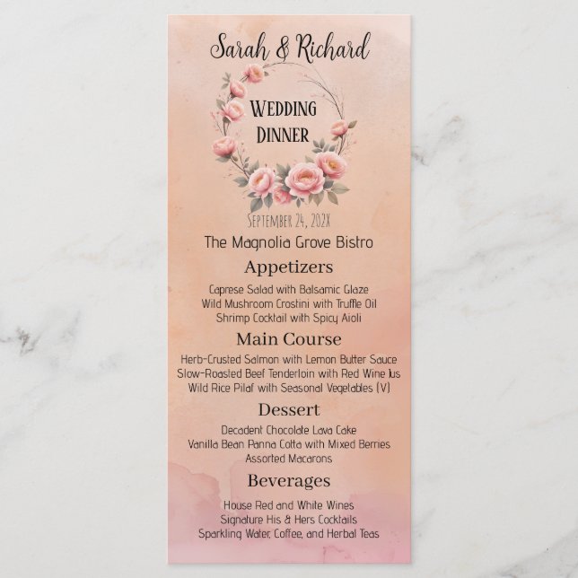 Fairytale Garden Peach Blush Floral Wedding Menu (Front)