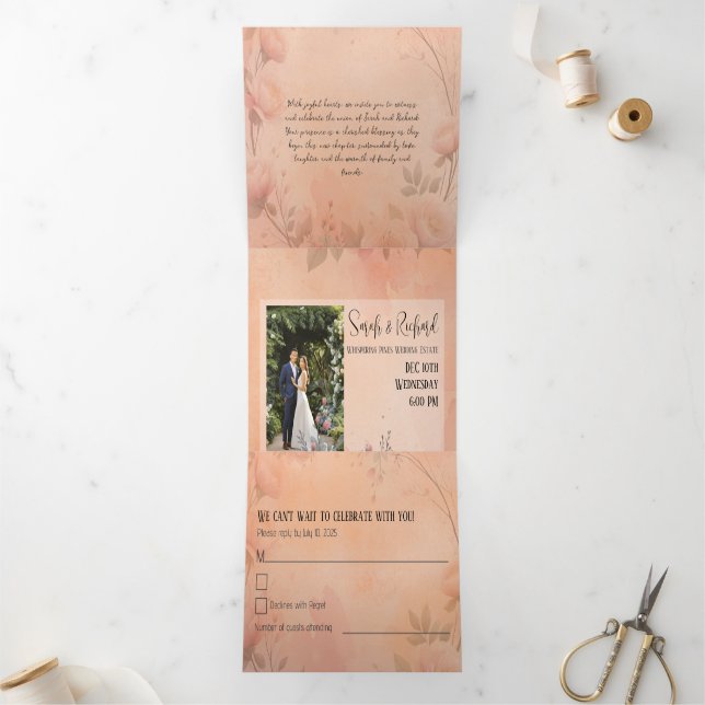 Fairytale Garden Sparkle Wedding Blush Rose Tri-Fold Invitation (Inside)