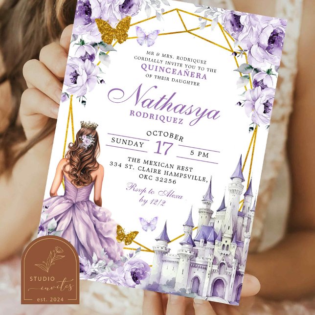Fairytale Gold Purple Mexican Princess Castle Invitation (Creator Uploaded)