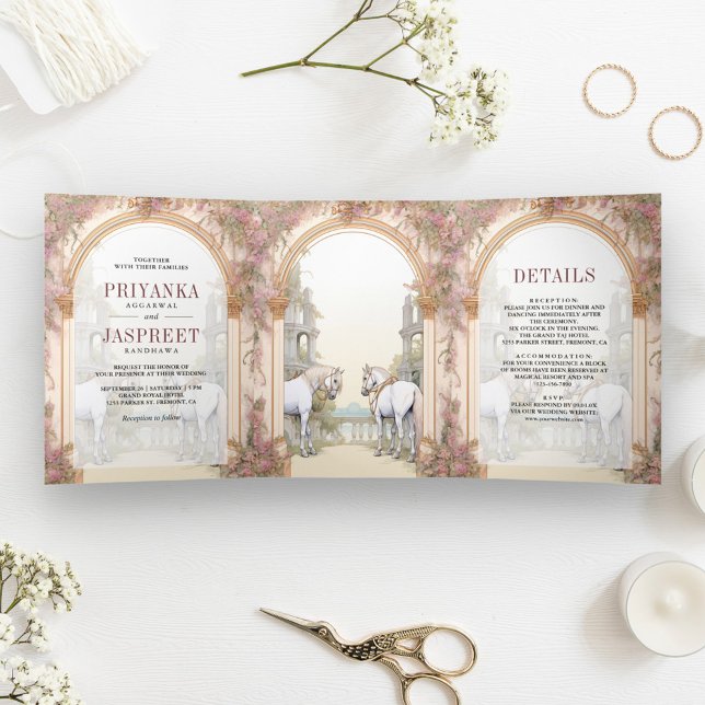 Fairytale Horses Ancient Indian Palace Wedding Tri-Fold Invitation (Creator Uploaded)