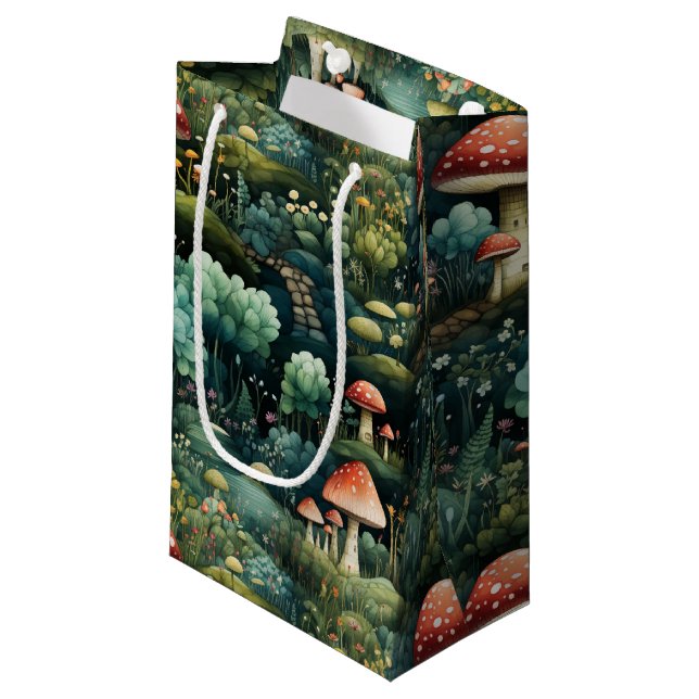 Fairytale in Fairyland Mushroom House Green Orange Small Gift Bag (Front Angled)