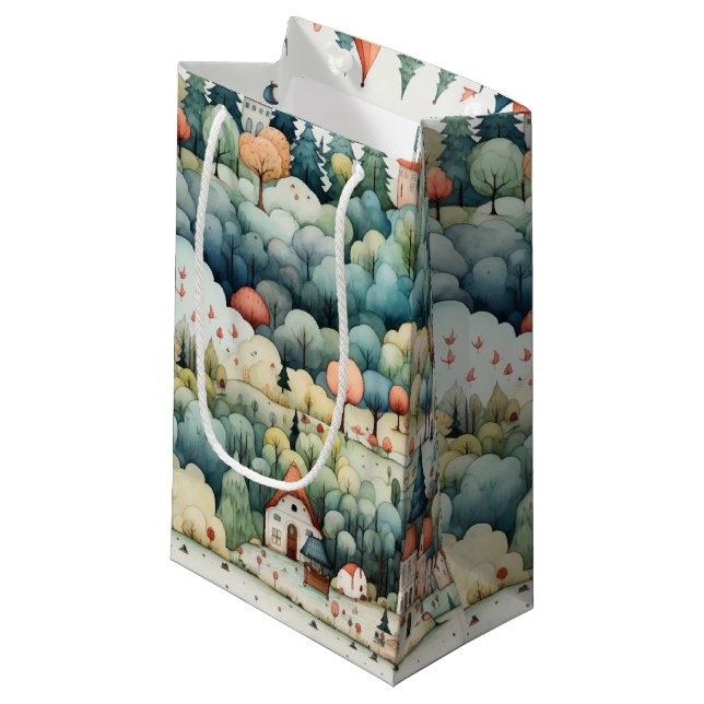 Fairytale in Fairyland Village Green and Orange Small Gift Bag (Front Angled)