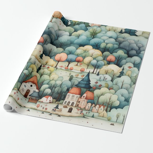 Fairytale in Fairyland Village Green and Orange Wrapping Paper (Unrolled)