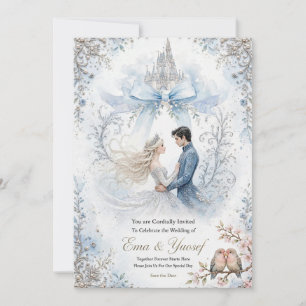 Fairytale Light Blue Bow Castle Wedding Invitation