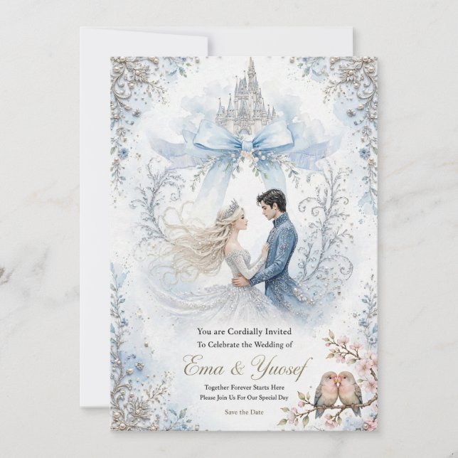 Fairytale Light Blue Bow Castle Wedding Invitation (Front)