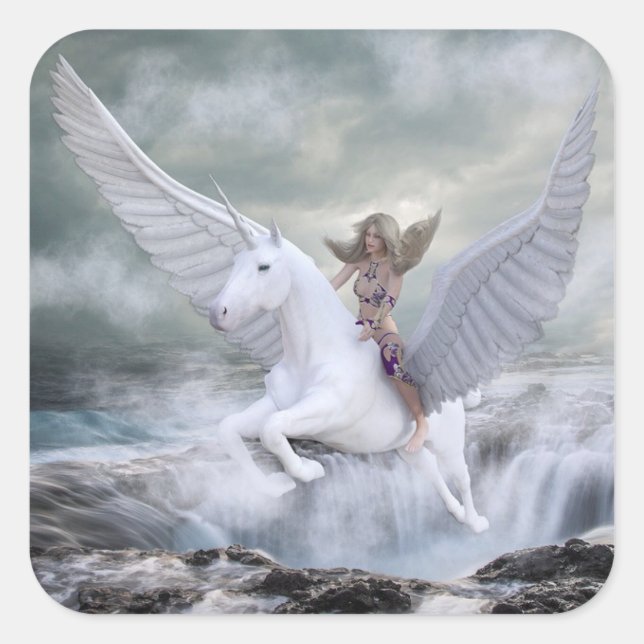 Fairytale Magical Mystical Unicorn and Woman Square Sticker (Front)