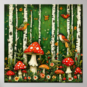 🍄 Fairytale Mushrooms And Birds Enchanted Forest Poster