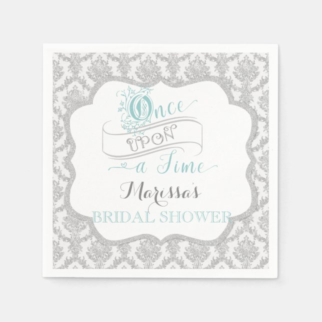 Fairytale Once Upon a Time Aqua Grey Damask Napkin (Front)