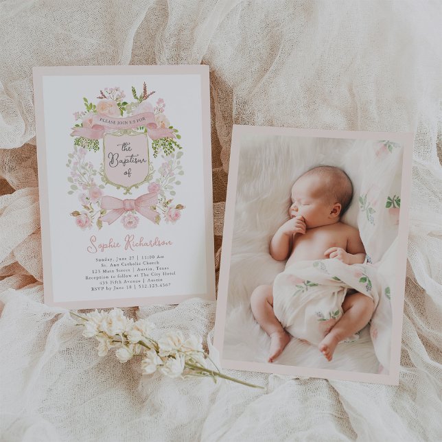 Fairytale Pink Flowers and Crest | Photo Baptism Invitation (Creator Uploaded)