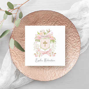 Fairytale Pink Flowers Crest and Cross   Baptism Napkin