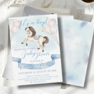 Fairytale Pony Stars Balloons Baby Shower Boy Invitation