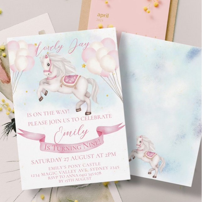 Fairytale Pony Stars Balloons Birthday Girl Party Invitation (Creator Uploaded)