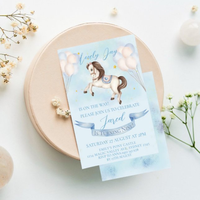 Fairytale Pony Stars Blue Balloons Birthday Party Invitation (Creator Uploaded)
